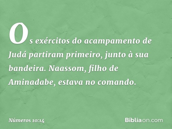 Os exércitos do acampamento de Judá partiram primeiro, junto à sua bandeira. Naassom, filho de Aminadabe, estava no comando. -- Números 10:14