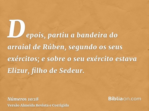 Depois, partiu a bandeira do arraial de Rúben, segundo os seus exércitos; e sobre o seu exército estava Elizur, filho de Sedeur.