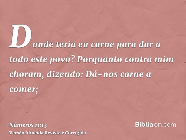 Donde teria eu carne para dar a todo este povo? Porquanto contra mim choram, dizendo: Dá-nos carne a comer;