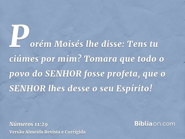 Porém Moisés lhe disse: Tens tu ciúmes por mim? Tomara que todo o povo do SENHOR fosse profeta, que o SENHOR lhes desse o seu Espírito!