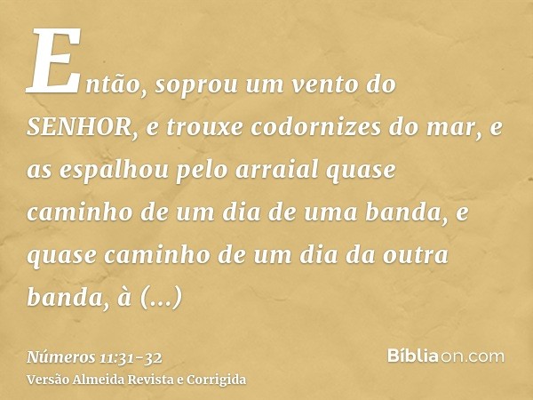 Então, soprou um vento do SENHOR, e trouxe codornizes do mar, e as espalhou pelo arraial quase caminho de um dia de uma banda, e quase caminho de um dia da outr