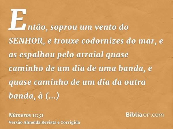 Então, soprou um vento do SENHOR, e trouxe codornizes do mar, e as espalhou pelo arraial quase caminho de um dia de uma banda, e quase caminho de um dia da outr