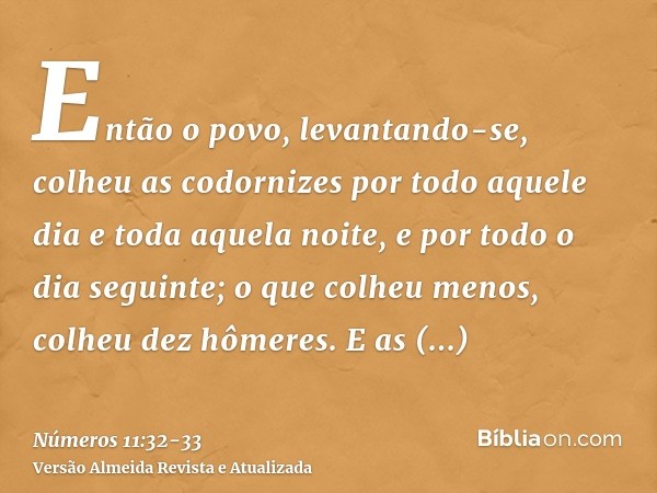 Então o povo, levantando-se, colheu as codornizes por todo aquele dia e toda aquela noite, e por todo o dia seguinte; o que colheu menos, colheu dez hômeres. E 