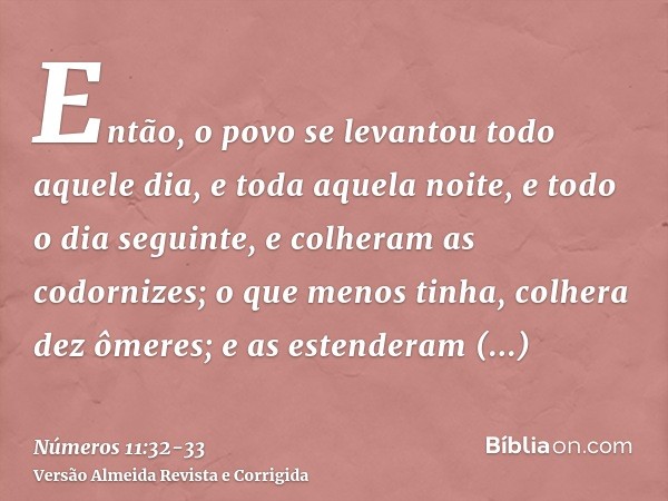 Então, o povo se levantou todo aquele dia, e toda aquela noite, e todo o dia seguinte, e colheram as codornizes; o que menos tinha, colhera dez ômeres; e as est