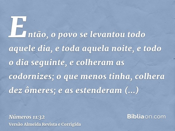 Então, o povo se levantou todo aquele dia, e toda aquela noite, e todo o dia seguinte, e colheram as codornizes; o que menos tinha, colhera dez ômeres; e as est