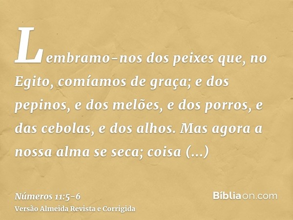 Lembramo-nos dos peixes que, no Egito, comíamos de graça; e dos pepinos, e dos melões, e dos porros, e das cebolas, e dos alhos.Mas agora a nossa alma se seca; 