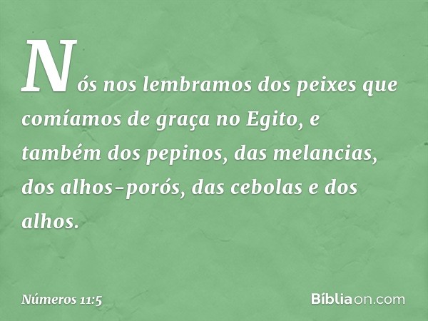 Nós nos lembramos dos peixes que comíamos de graça no Egito, e também dos pepinos, das melancias, dos alhos-porós, das cebolas e dos alhos. -- Números 11:5