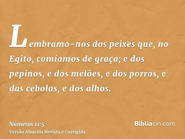 Lembramo-nos dos peixes que, no Egito, comíamos de graça; e dos pepinos, e dos melões, e dos porros, e das cebolas, e dos alhos.