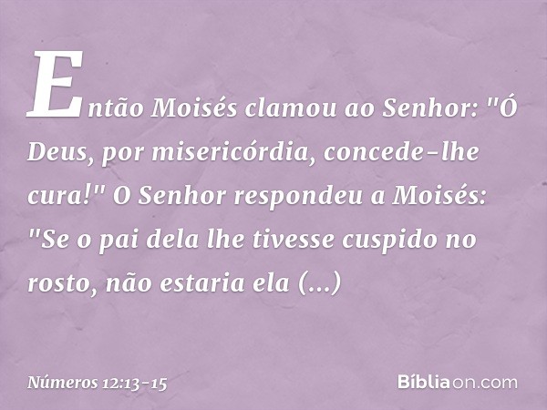 Então Moisés clamou ao Senhor: "Ó Deus, por misericórdia, concede-lhe cura!" O Senhor respondeu a Moisés: "Se o pai dela lhe tivesse cuspido no rosto, não estar