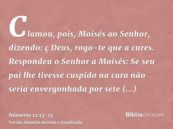 Clamou, pois, Moisés ao Senhor, dizendo: ç Deus, rogo-te que a cures.Respondeu o Senhor a Moisés: Se seu pai lhe tivesse cuspido na cara não seria envergonhada 