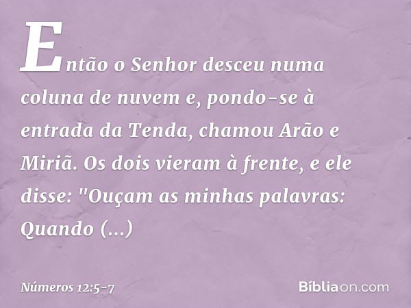 Então o Senhor desceu numa coluna de nuvem e, pondo-se à entrada da Tenda, chamou Arão e Miriã. Os dois vieram à frente, e ele disse:
"Ouçam as minhas palavras: