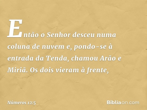 Então o Senhor desceu numa coluna de nuvem e, pondo-se à entrada da Tenda, chamou Arão e Miriã. Os dois vieram à frente, -- Números 12:5