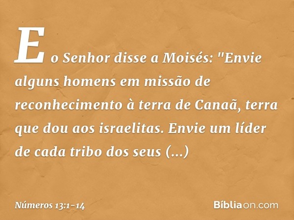 E o Senhor disse a Moisés: "Envie alguns homens em missão de reconhecimento à terra de Canaã, terra que dou aos israelitas. Envie um líder de cada tribo dos seu