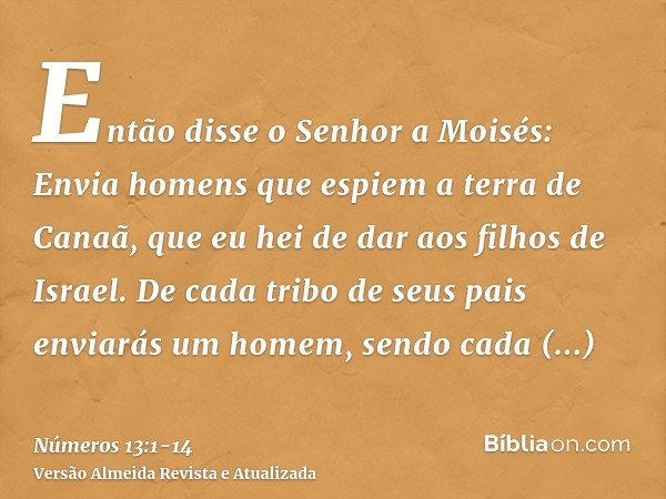 Então disse o Senhor a Moisés:Envia homens que espiem a terra de Canaã, que eu hei de dar aos filhos de Israel. De cada tribo de seus pais enviarás um homem, se