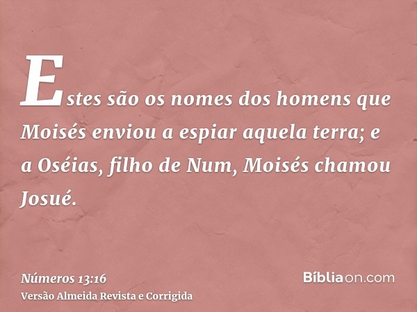 Estes são os nomes dos homens que Moisés enviou a espiar aquela terra; e a Oséias, filho de Num, Moisés chamou Josué.