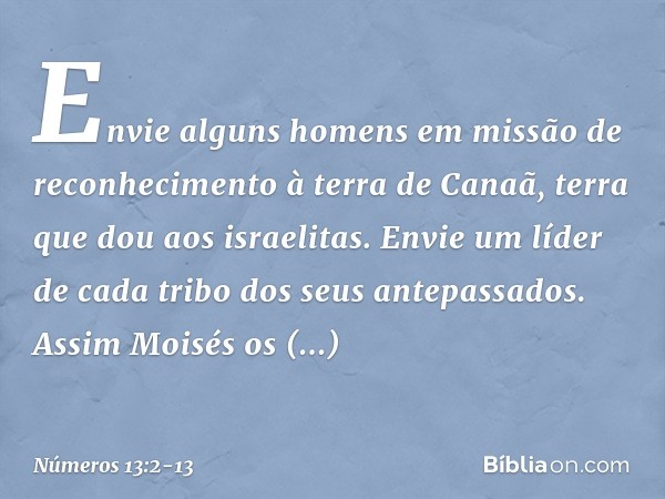 "Envie alguns homens em missão de reconhecimento à terra de Canaã, terra que dou aos israelitas. Envie um líder de cada tribo dos seus antepassados". Assim Mois