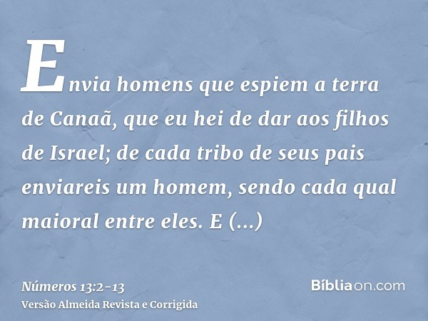 Envia homens que espiem a terra de Canaã, que eu hei de dar aos filhos de Israel; de cada tribo de seus pais enviareis um homem, sendo cada qual maioral entre e