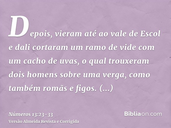 Depois, vieram até ao vale de Escol e dali cortaram um ramo de vide com um cacho de uvas, o qual trouxeram dois homens sobre uma verga, como também romãs e figo