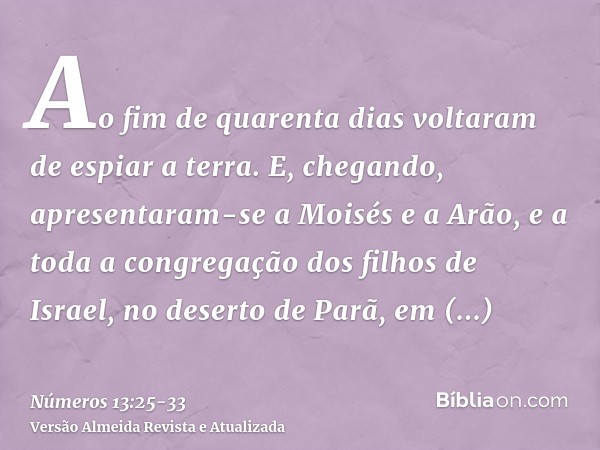 Ao fim de quarenta dias voltaram de espiar a terra.E, chegando, apresentaram-se a Moisés e a Arão, e a toda a congregação dos filhos de Israel, no deserto de Pa