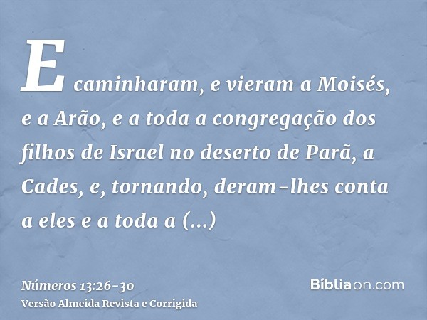E caminharam, e vieram a Moisés, e a Arão, e a toda a congregação dos filhos de Israel no deserto de Parã, a Cades, e, tornando, deram-lhes conta a eles e a tod