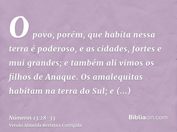 O povo, porém, que habita nessa terra é poderoso, e as cidades, fortes e mui grandes; e também ali vimos os filhos de Anaque.Os amalequitas habitam na terra do 