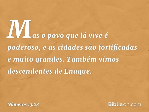 Mas o povo que lá vive é poderoso, e as cidades são fortificadas e muito grandes. Também vimos descendentes de Enaque. -- Números 13:28