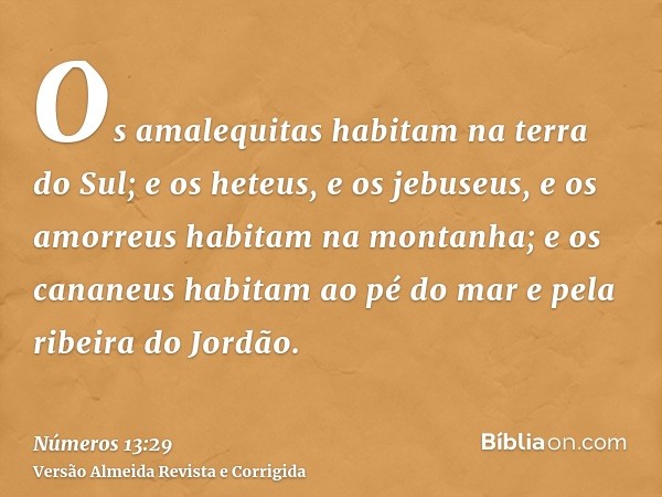 Os amalequitas habitam na terra do Sul; e os heteus, e os jebuseus, e os amorreus habitam na montanha; e os cananeus habitam ao pé do mar e pela ribeira do Jord