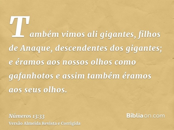 Também vimos ali gigantes, filhos de Anaque, descendentes dos gigantes; e éramos aos nossos olhos como gafanhotos e assim também éramos aos seus olhos.