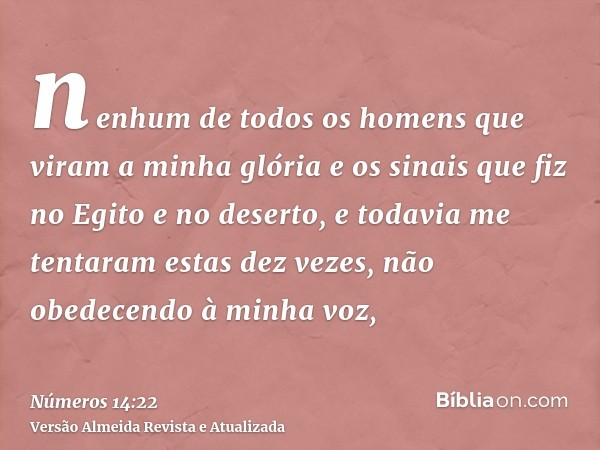 nenhum de todos os homens que viram a minha glória e os sinais que fiz no Egito e no deserto, e todavia me tentaram estas dez vezes, não obedecendo à minha voz,