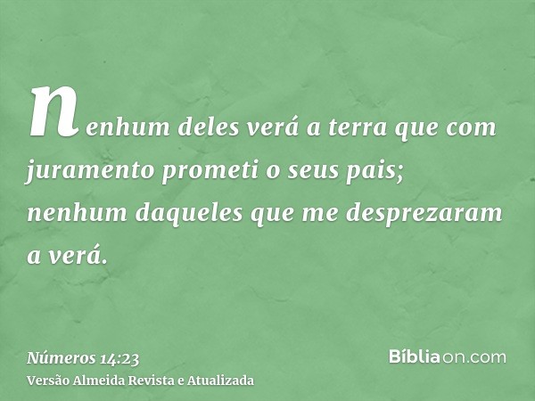 nenhum deles verá a terra que com juramento prometi o seus pais; nenhum daqueles que me desprezaram a verá.