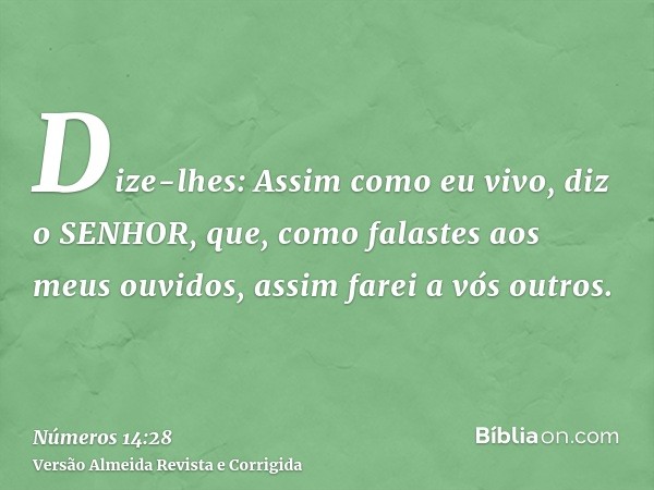 Dize-lhes: Assim como eu vivo, diz o SENHOR, que, como falastes aos meus ouvidos, assim farei a vós outros.