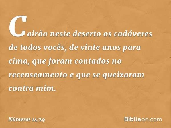 Cairão neste deserto os cadáveres de todos vocês, de vinte anos para cima, que foram contados no recenseamento e que se queixaram contra mim. -- Números 14:29