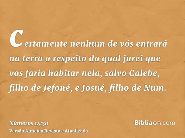 certamente nenhum de vós entrará na terra a respeito da qual jurei que vos faria habitar nela, salvo Calebe, filho de Jefoné, e Josué, filho de Num.