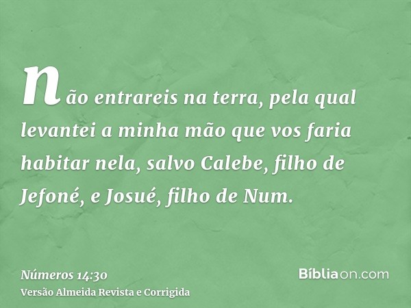 não entrareis na terra, pela qual levantei a minha mão que vos faria habitar nela, salvo Calebe, filho de Jefoné, e Josué, filho de Num.