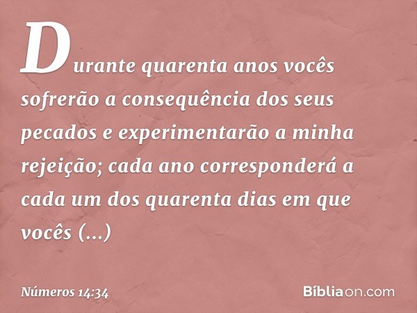 Durante quarenta anos vocês sofrerão a consequência dos seus pecados e experimentarão a minha rejeição; cada ano corresponderá a cada um dos quarenta dias em qu