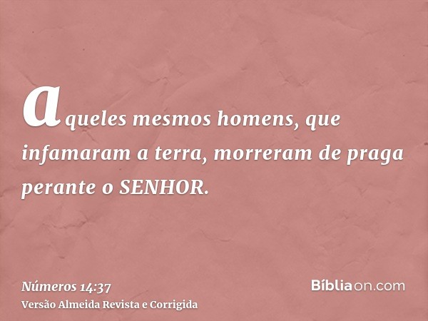 aqueles mesmos homens, que infamaram a terra, morreram de praga perante o SENHOR.