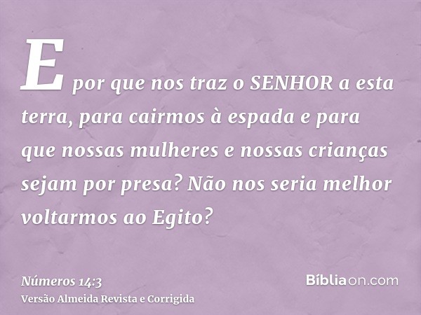 E por que nos traz o SENHOR a esta terra, para cairmos à espada e para que nossas mulheres e nossas crianças sejam por presa? Não nos seria melhor voltarmos ao 