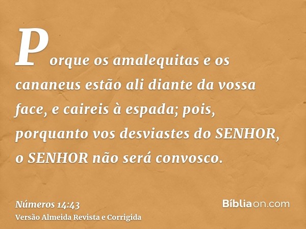 Porque os amalequitas e os cananeus estão ali diante da vossa face, e caireis à espada; pois, porquanto vos desviastes do SENHOR, o SENHOR não será convosco.