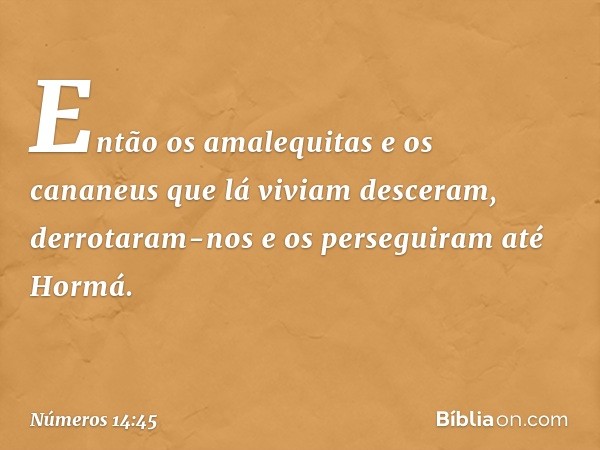 Então os amalequitas e os cananeus que lá viviam desceram, derrotaram-nos e os perseguiram até Hormá. -- Números 14:45