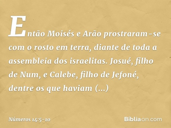 Então Moisés e Arão prostraram-se com o rosto em terra, diante de toda a assembleia dos israelitas. Josué, filho de Num, e Calebe, filho de Jefoné, dentre os qu