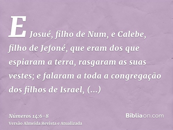 E Josué, filho de Num, e Calebe, filho de Jefoné, que eram dos que espiaram a terra, rasgaram as suas vestes;e falaram a toda a congregação dos filhos de Israel