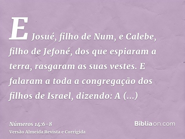 E Josué, filho de Num, e Calebe, filho de Jefoné, dos que espiaram a terra, rasgaram as suas vestes.E falaram a toda a congregação dos filhos de Israel, dizendo