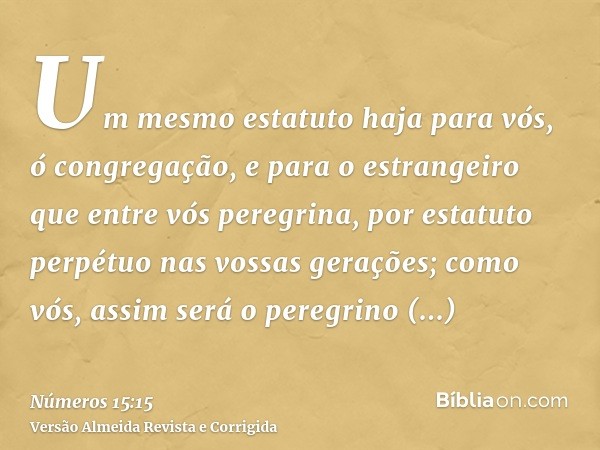 Um mesmo estatuto haja para vós, ó congregação, e para o estrangeiro que entre vós peregrina, por estatuto perpétuo nas vossas gerações; como vós, assim será o 