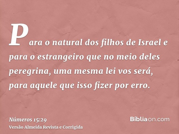 Para o natural dos filhos de Israel e para o estrangeiro que no meio deles peregrina, uma mesma lei vos será, para aquele que isso fizer por erro.