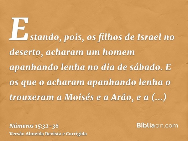 Estando, pois, os filhos de Israel no deserto, acharam um homem apanhando lenha no dia de sábado.E os que o acharam apanhando lenha o trouxeram a Moisés e a Arã