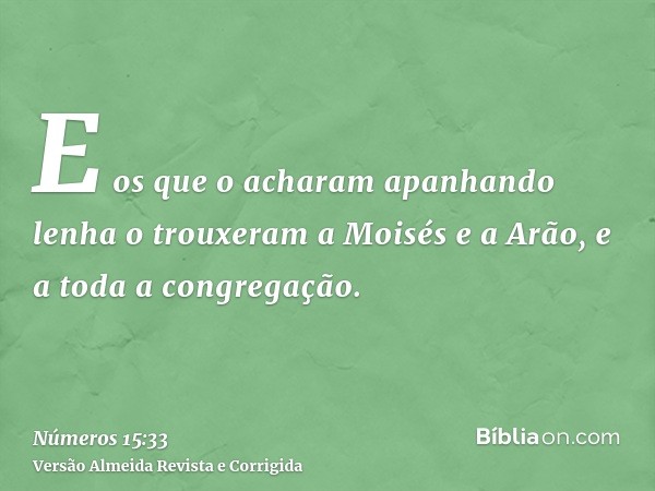 E os que o acharam apanhando lenha o trouxeram a Moisés e a Arão, e a toda a congregação.