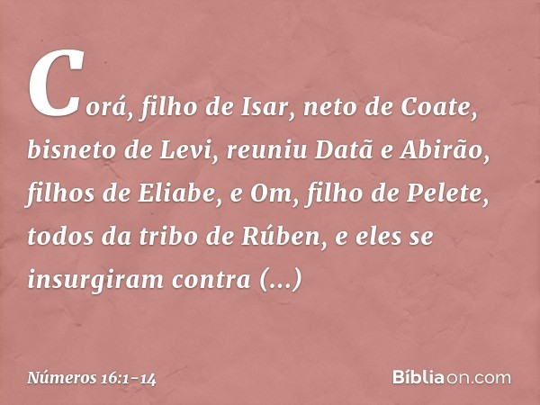 Corá, filho de Isar, neto de Coate, bisneto de Levi, reuniu Datã e Abirão, filhos de Eliabe, e Om, filho de Pelete, todos da tribo de Rúben, e eles se insurgira