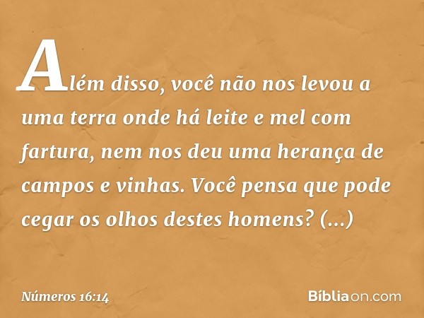 Além disso, você não nos levou a uma terra onde há leite e mel com fartura, nem nos deu uma herança de campos e vinhas. Você pensa que pode cegar os olhos deste