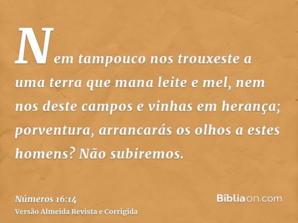 Nem tampouco nos trouxeste a uma terra que mana leite e mel, nem nos deste campos e vinhas em herança; porventura, arrancarás os olhos a estes homens? Não subir