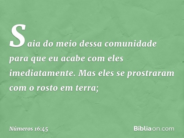 "Saia do meio dessa comunidade para que eu acabe com eles imediatamente". Mas eles se prostraram com o rosto em terra; -- Números 16:45